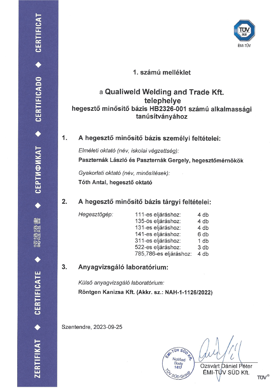 HBSZ2326 001 tanúsítvány 2